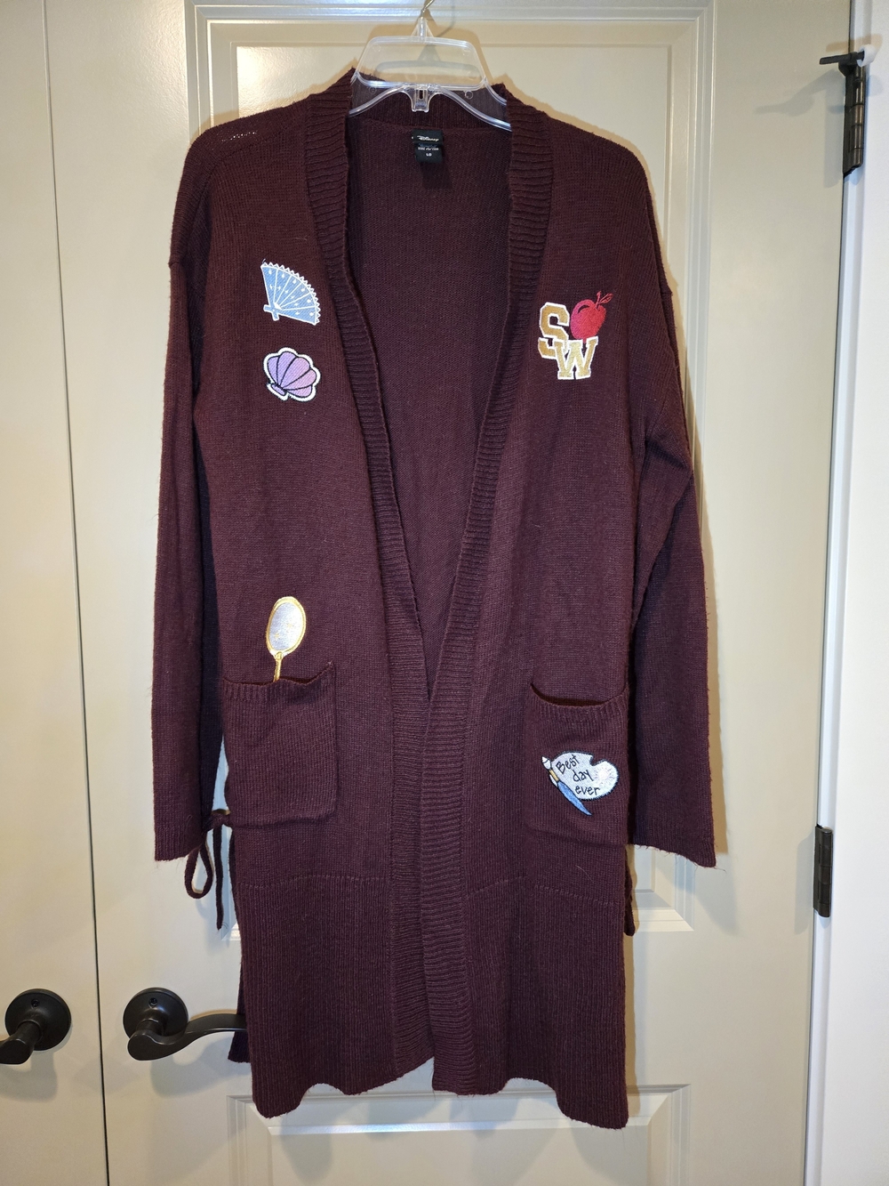 Disney Princesses Maroon Large "Long Lines" Open-Front Patch Pocket Cardigan